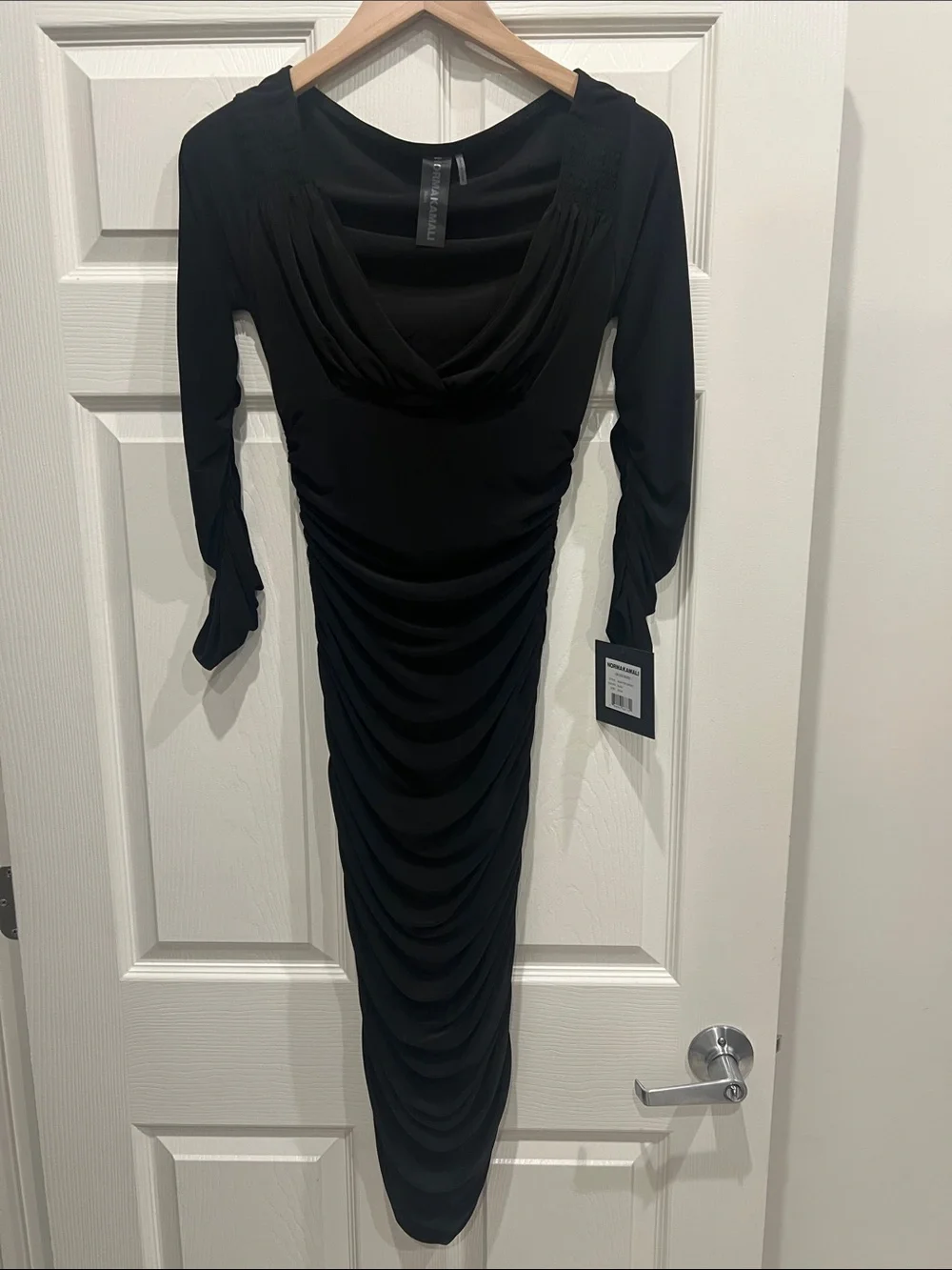Norma Kamali Black Ruched V-Neck Long-Sleeve Midi Dress